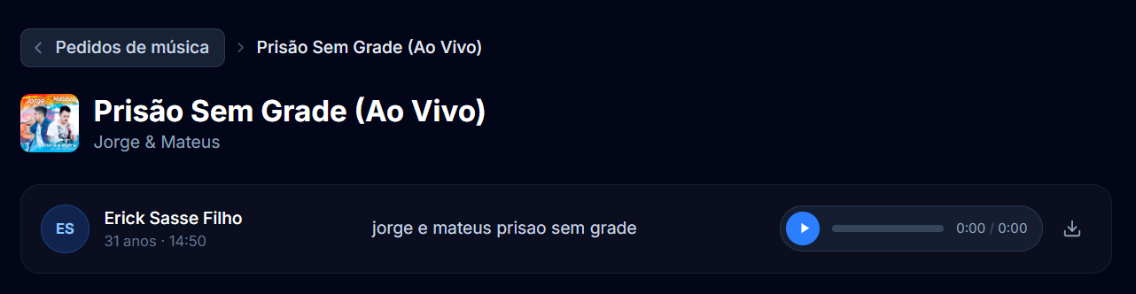 Detalhe de um pedido musical com o áudio enviado pelo ouvinte na Assistente de Ouvintes do Cadena Digital