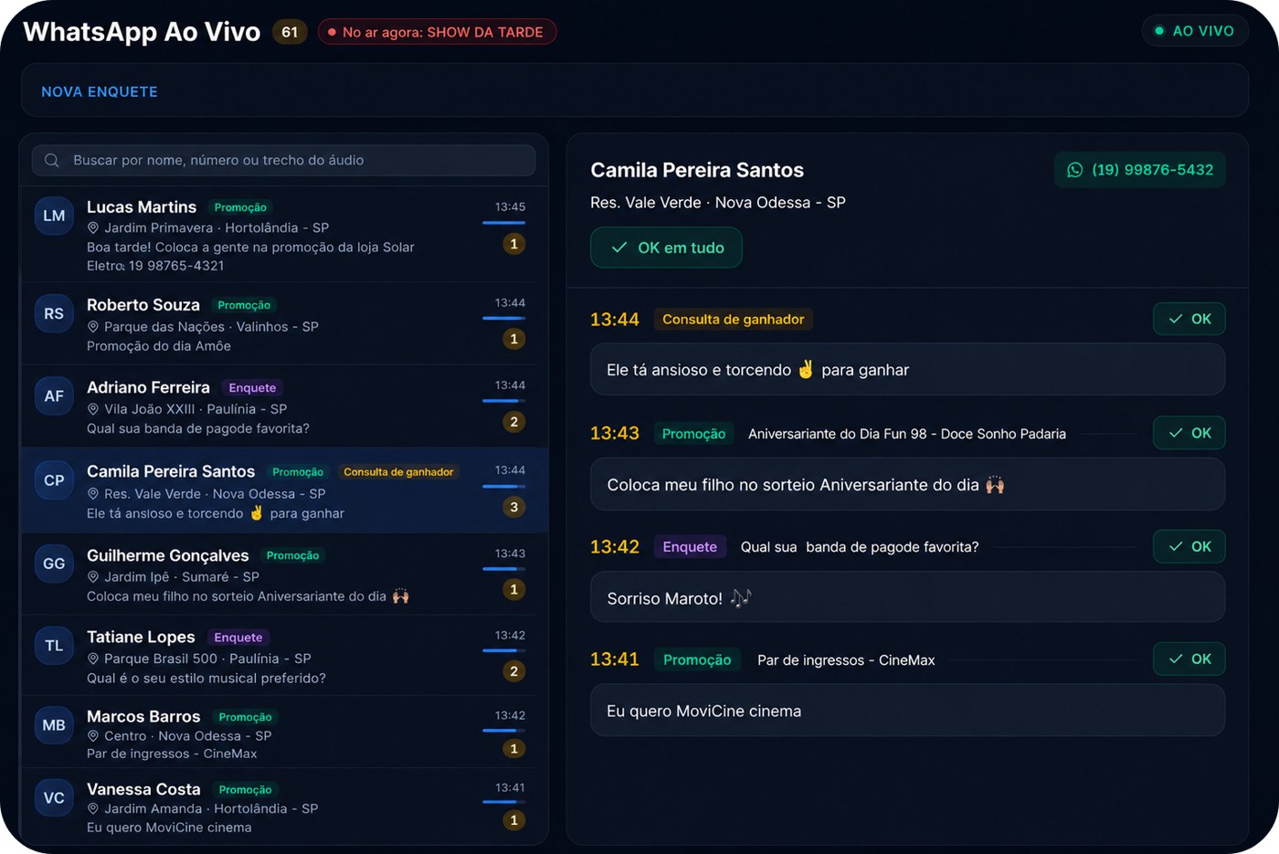Painel do Locutor com as mensagens do WhatsApp da rádio ao vivo no Cadena Digital
